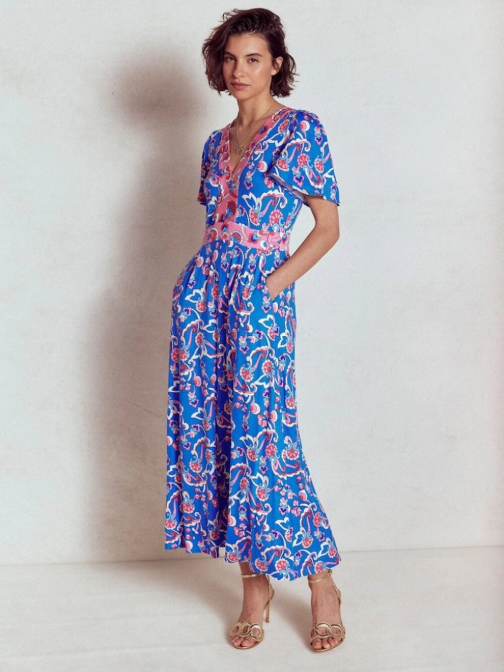 BODEN Ellie Blue Pink Floral Jersey V-Neck Flutter Sleeve Maxi Tea Dress, Size 0